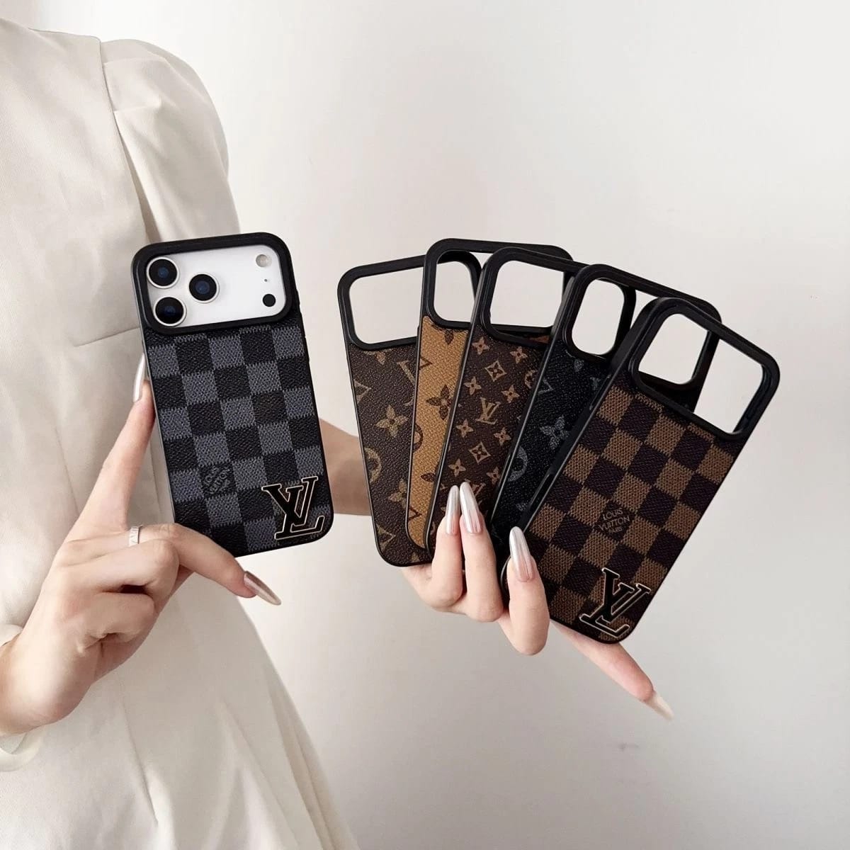 Luxury Brand Leather with Black Logo Phone Case for iPhone 13-17