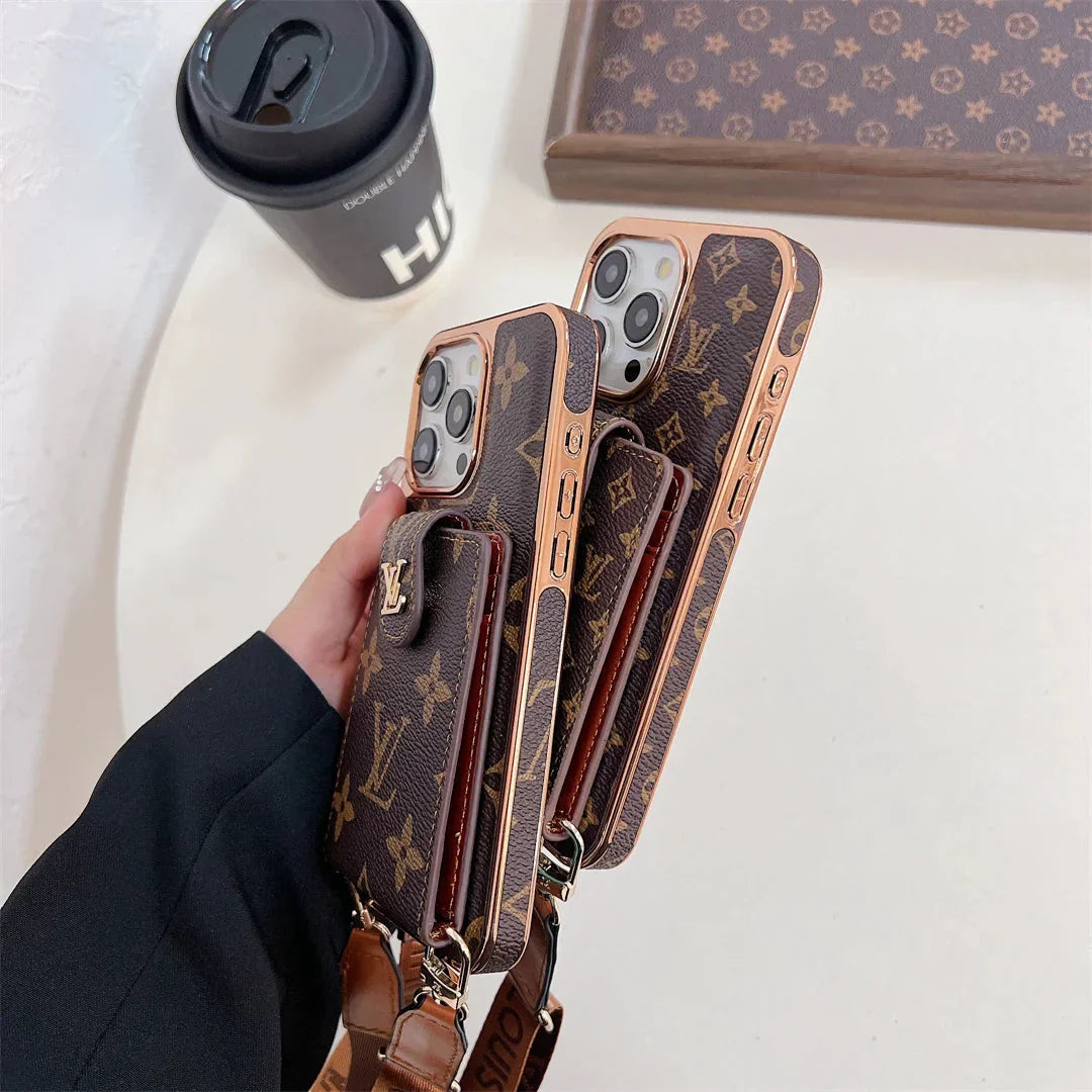 LUXURY ELECTROPLATING MONOGRAM CARD HOLDER CROSSBODY IPHONE CASE
